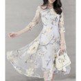 Chic Women's Voile Spliced 3/4 Sleeve Jewel Neck Flower Dress