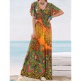 Bohemian V-Neck Floral Print Short Sleeves Women's Maxi Dress